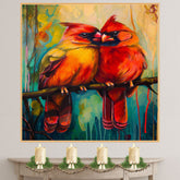 Romantic Cardinal Pair Artwork Featuring Bright Red and Golden Plumage Perched on a Branch Against a Lush Teal and Yellow Abstract Forest Background on Ready to Hang 1.5" Thick Canvas Wrap, Floating Framed Canvas, Flat Rolled Canvas
